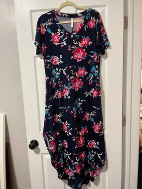 Tickled Teal Navy Midi Dress with Pink Rose Print